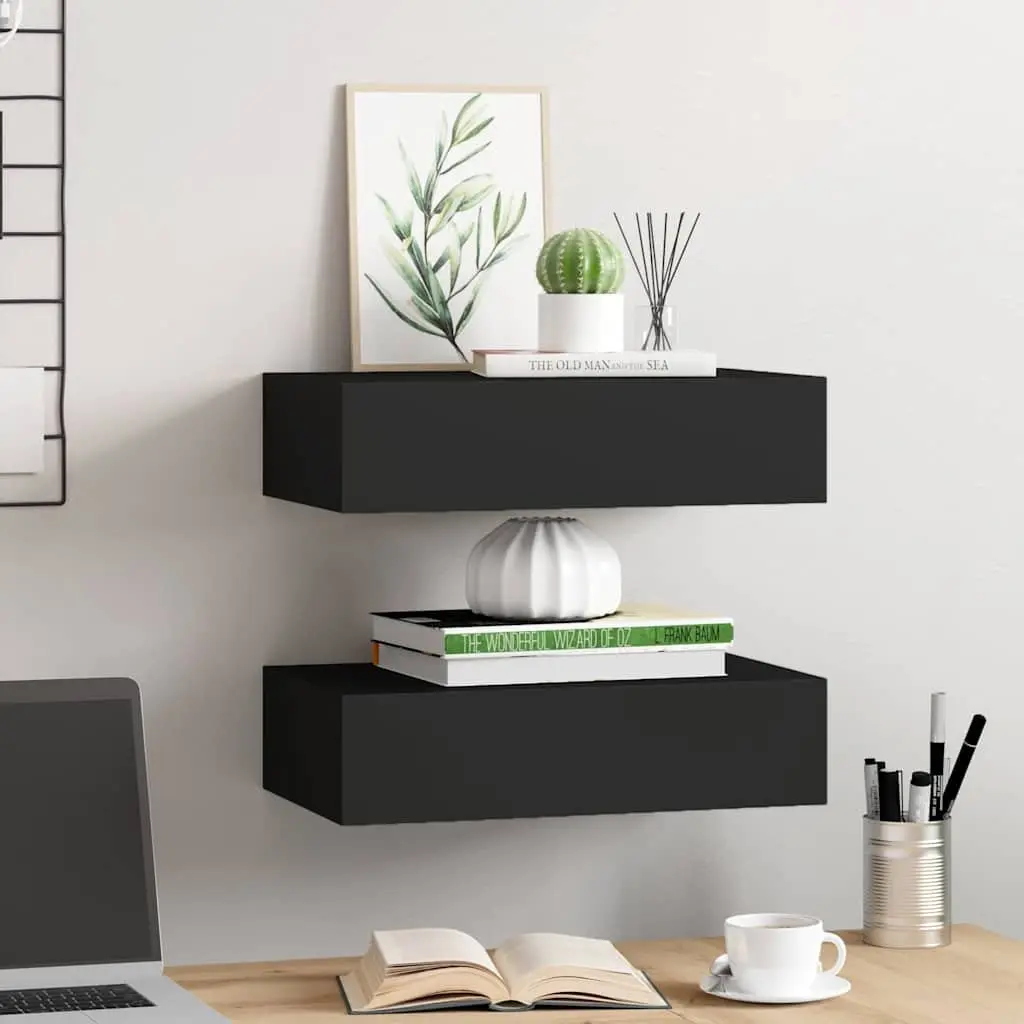 Wall-mounted Drawer Shelves Black Floating Storage Organizer 2 Piece MDF and Metal