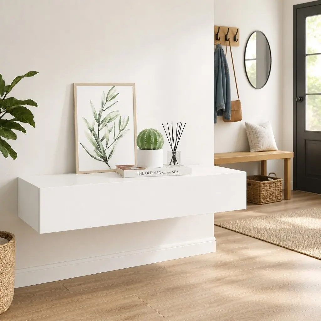 Floating Ledge Organizer with Drawer Storage in White