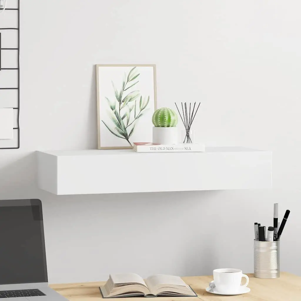 Floating Ledge Organizer with Drawer Storage in White