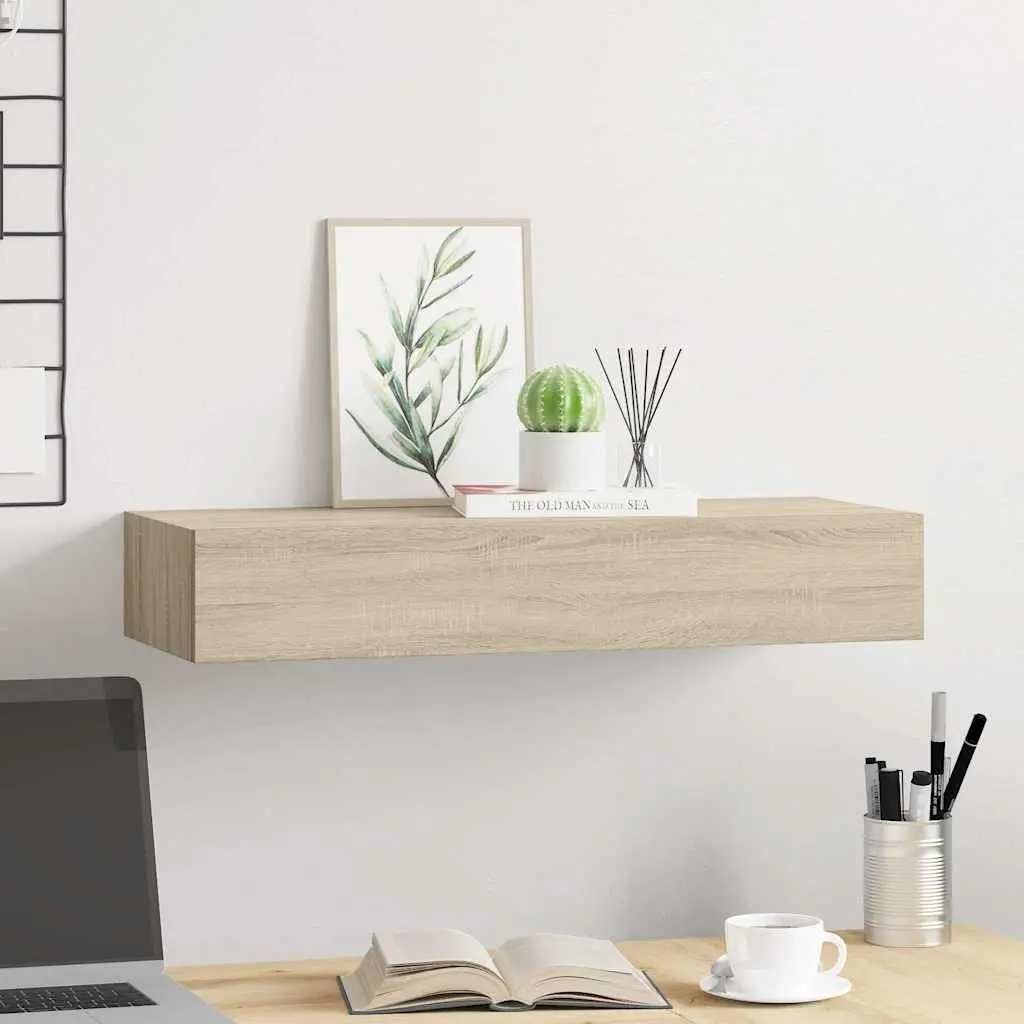 Wall-mounted Drawer Shelf Oak Brown Floating Storage 60x23.5x10cm MDF Metal