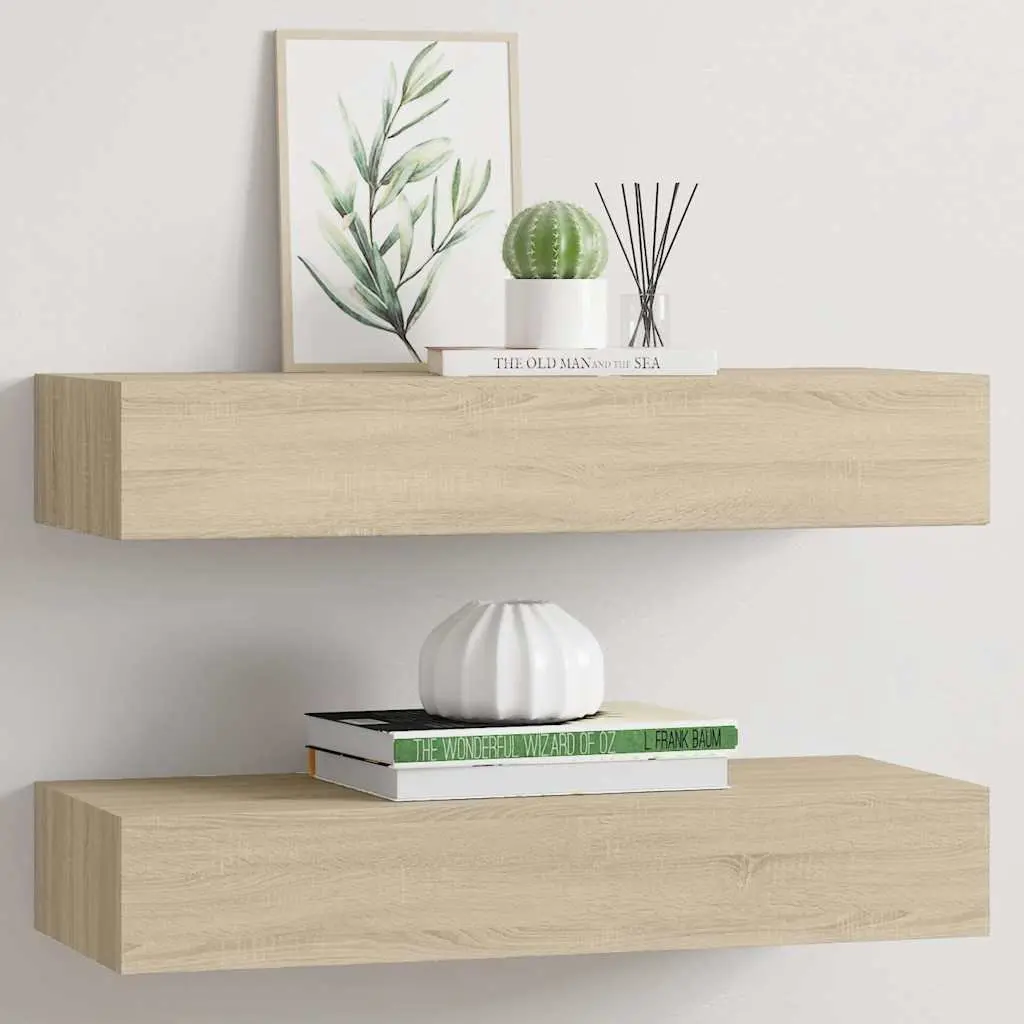 Floating Storage Organizer Shelves Set of 2 Wall-mounted Oak Brown 60x23.5x10cm MDF