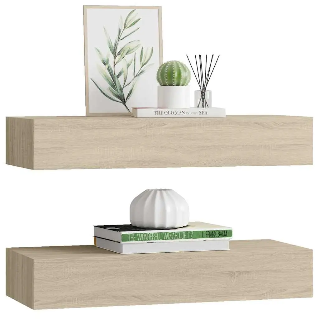 Floating Storage Organizer Shelves Set of 2 Wall-mounted Oak Brown 60x23.5x10cm MDF