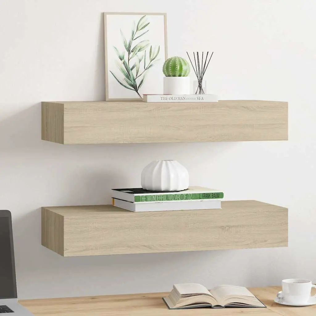 Floating Storage Organizer Shelves Set of 2 Wall-mounted Oak Brown 60x23.5x10cm MDF