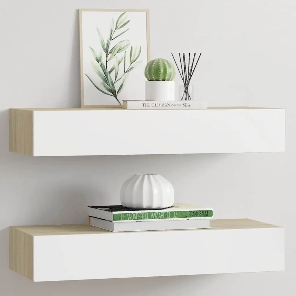 Wall Drawer Shelves Floating Oak White 60x23.5x10cm MDF 2 Piece