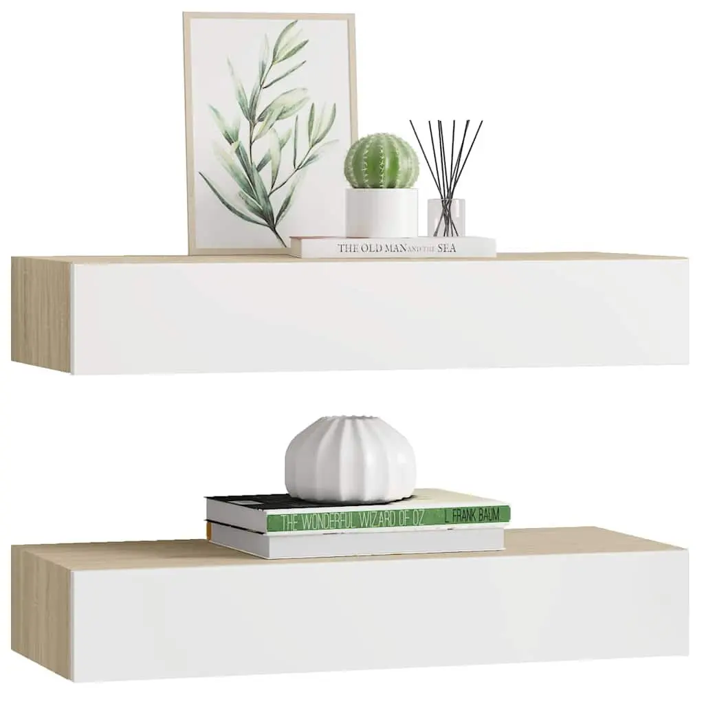 Wall Drawer Shelves Floating Oak White 60x23.5x10cm MDF 2 Piece