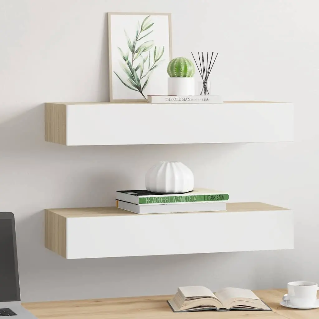 Wall Drawer Shelves Floating Oak White 60x23.5x10cm MDF 2 Piece
