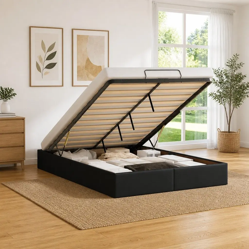 Ottoman Storage Bed Frame Double Black Faux Leather Slatted Base Hydraulic Lift Mechanism