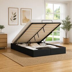 Double Ottoman Storage Bed Frame in Black Faux Leather