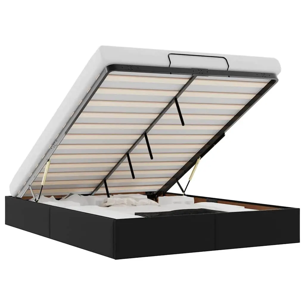 Ottoman Storage Bed Frame Double Black Faux Leather Slatted Base Hydraulic Lift Mechanism