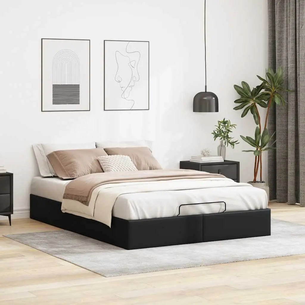 Ottoman Storage Bed Frame Double Black Faux Leather Slatted Base Hydraulic Lift Mechanism