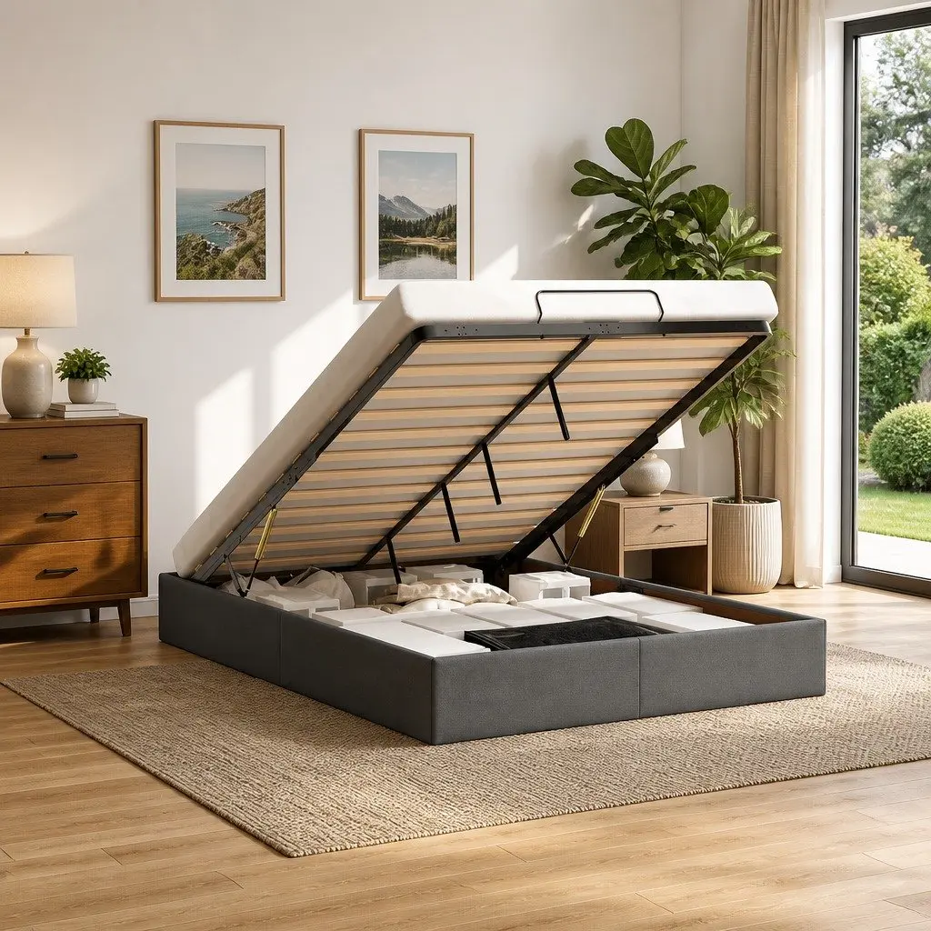Double Grey Fabric Ottoman Storage Bed Frame
