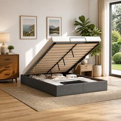 Double Grey Fabric Ottoman Storage Bed Frame