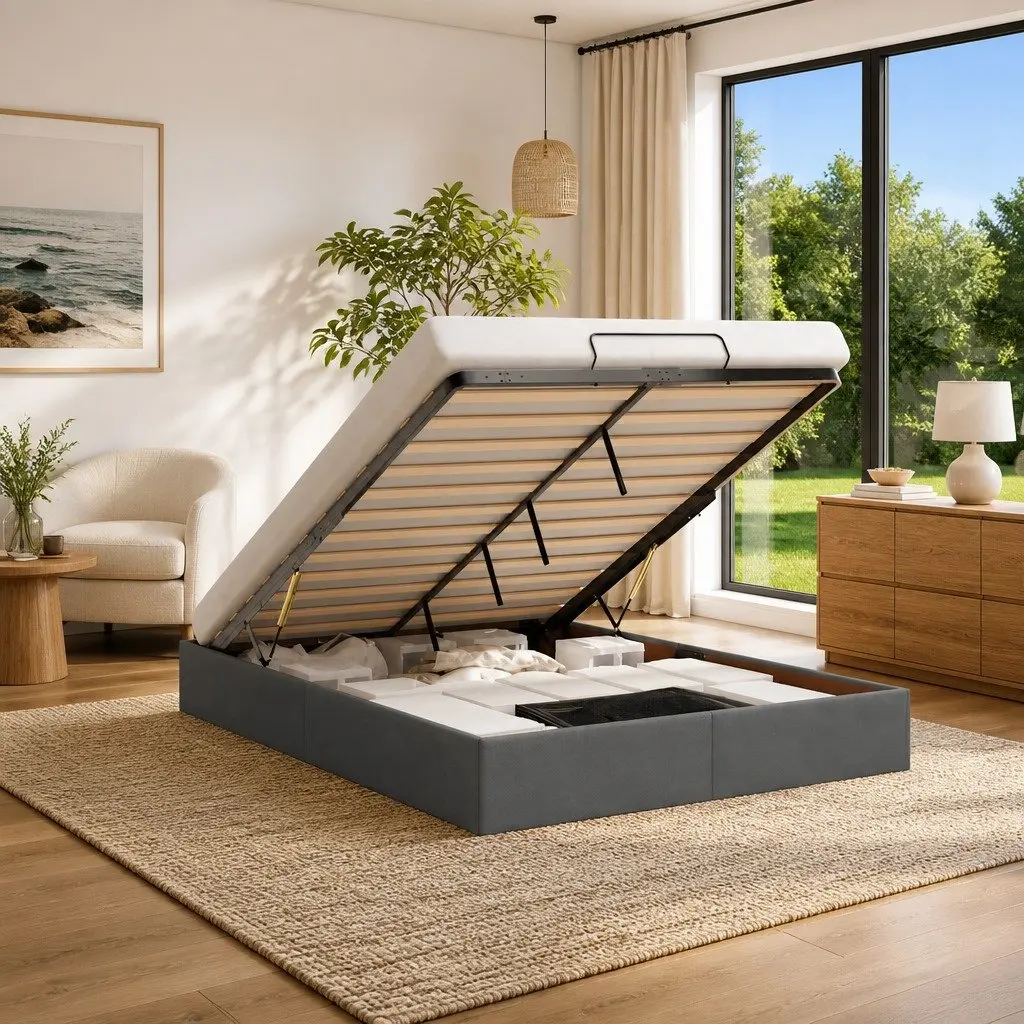 Grey Fabric Queen Ottoman Storage Bed Frame