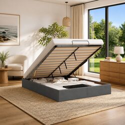Grey Fabric Queen Ottoman Storage Bed Frame