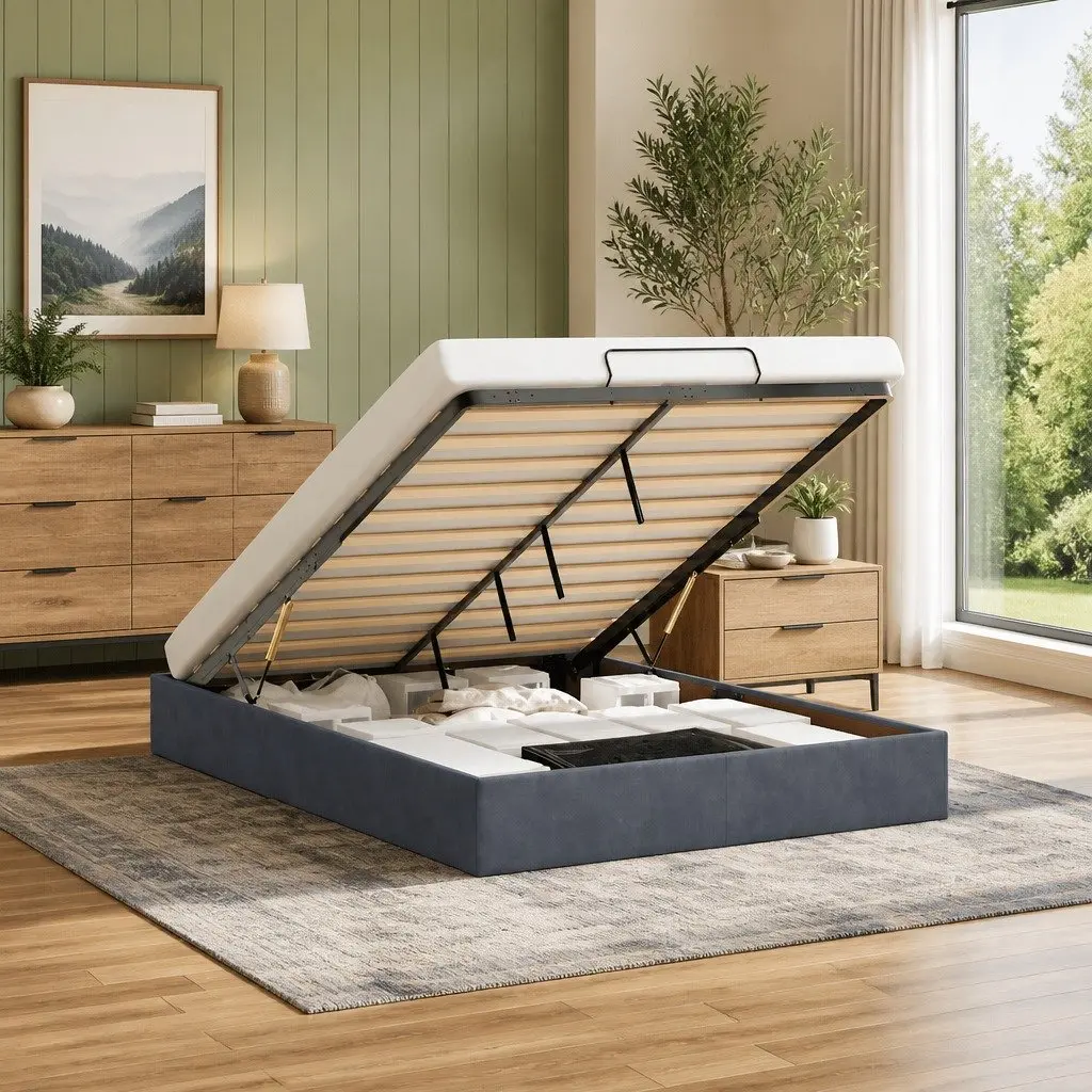 Ottoman Storage Bed Frame Double Size Dark Grey Velvet Slatted Base with Hydraulic Lift