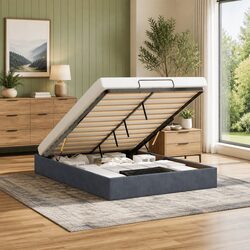 Grey Velvet Double Ottoman Storage Bed Frame