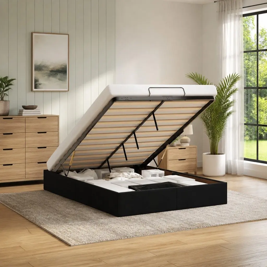 Black Velvet Double Ottoman Bed Frame with Storage