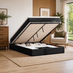 Elegant Black Faux Leather Ottoman Bed with Mattress