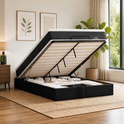 Queen Ottoman Storage Bed in Black Faux Leather