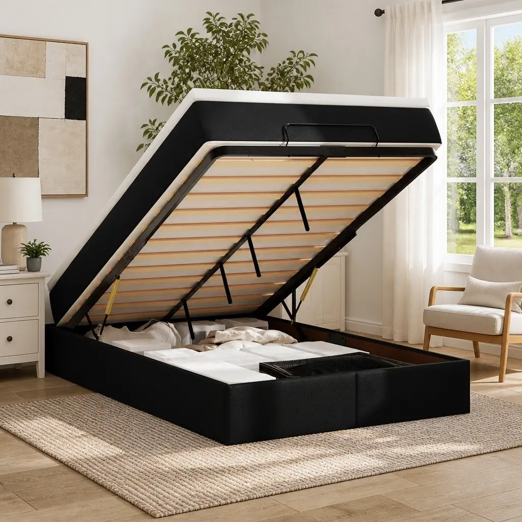 Ottoman Storage Bed Black Faux Leather Super Single with Pocket Spring Mattress