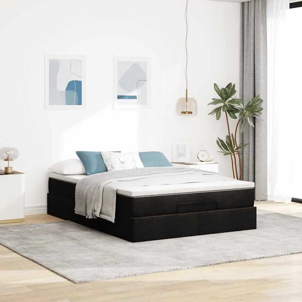 Double Ottoman Bed Black Fabric with Pocket Spring Mattress and Hydraulic Lift