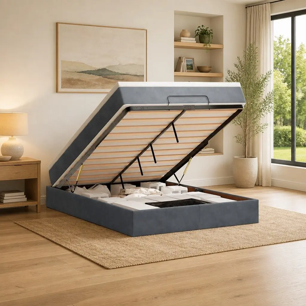 Ottoman Bed Double Grey Velvet with Pocket Spring Mattress and Hydraulic Lift Storage