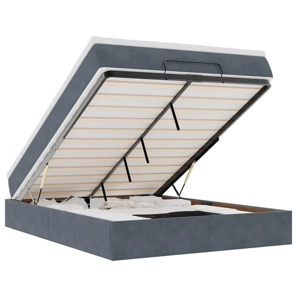 Ottoman Bed Double Grey Velvet with Pocket Spring Mattress and Hydraulic Lift Storage