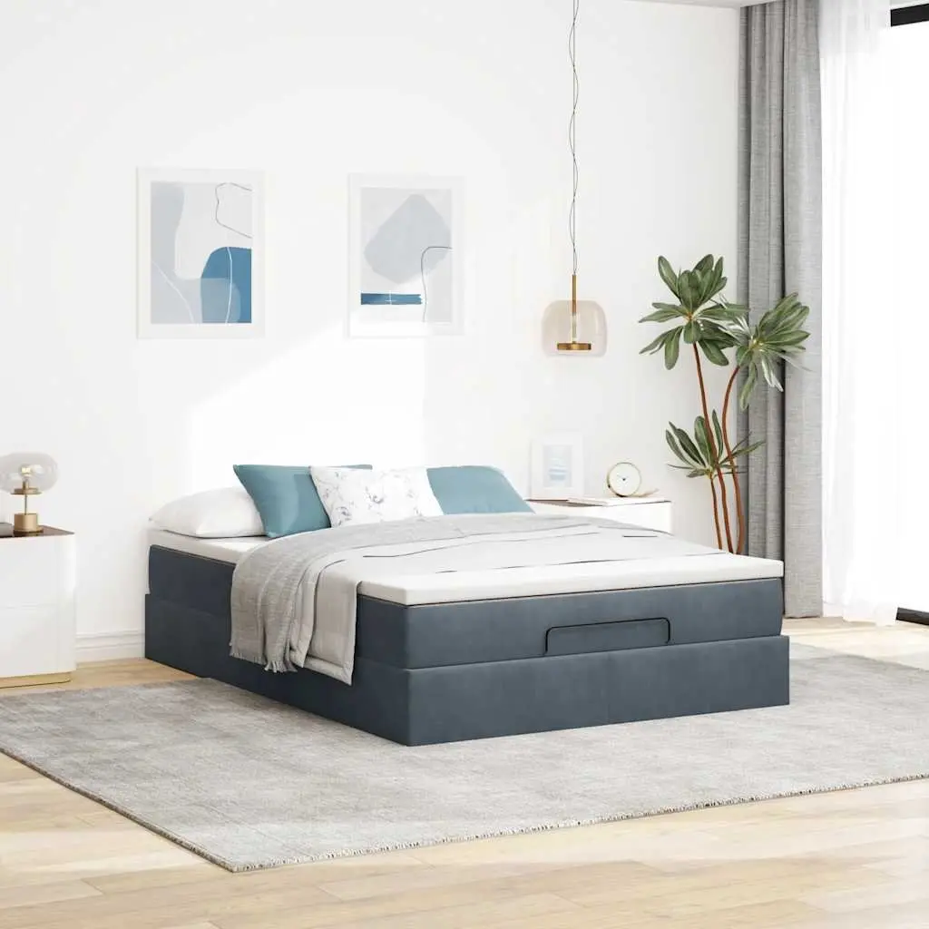 Ottoman Bed Double Grey Velvet with Pocket Spring Mattress and Hydraulic Lift Storage