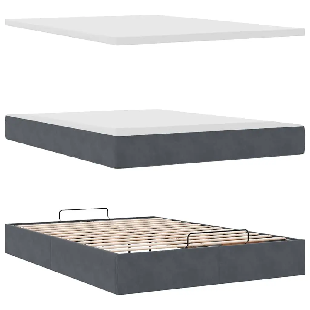 Ottoman Bed Double Grey Velvet with Pocket Spring Mattress and Hydraulic Lift Storage