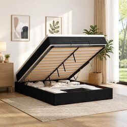 Double Black Velvet Ottoman Bed with Pocket Spring Mattress
