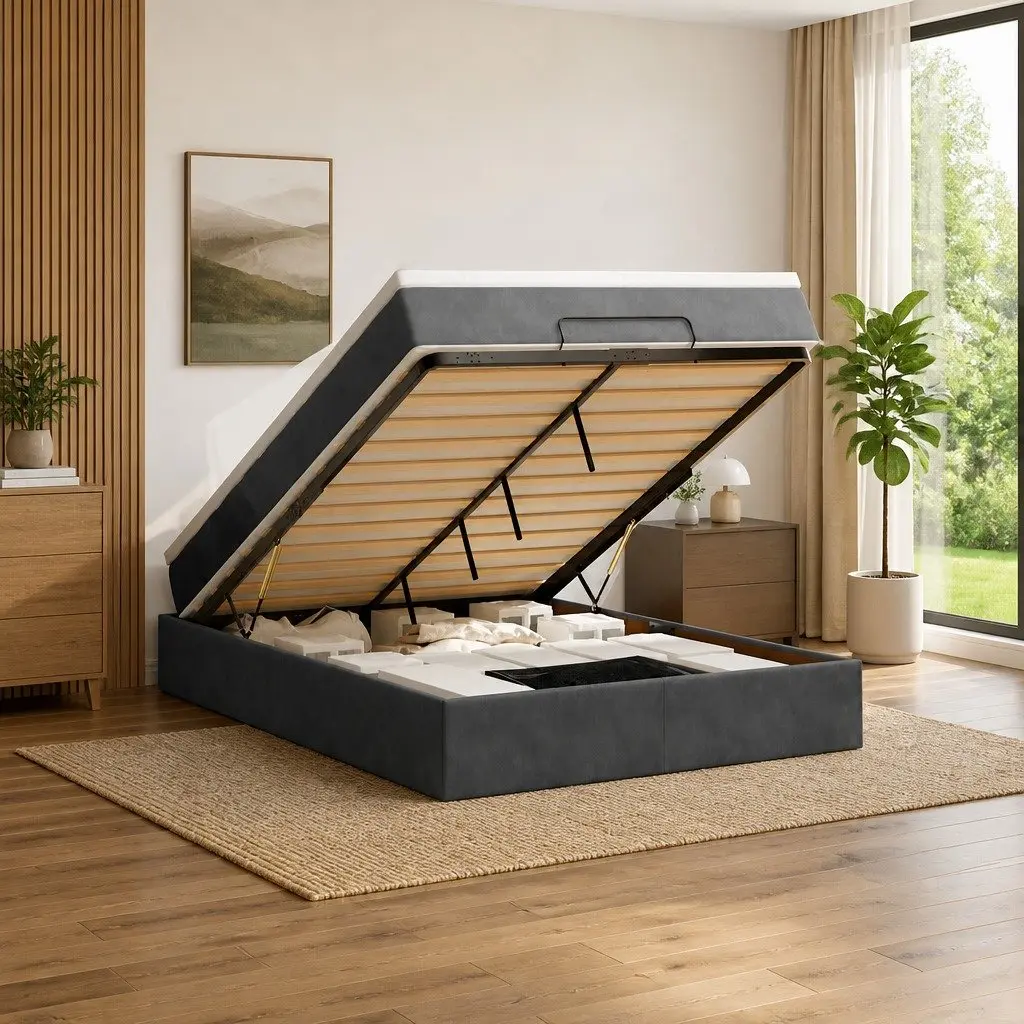Queen Size Ottoman Bed Grey Velvet with Pocket Spring Mattress and Hydraulic Lift Storage