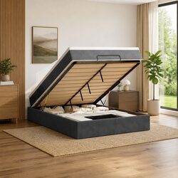 Queen Size Ottoman Bed with Grey Velvet Storage Lift