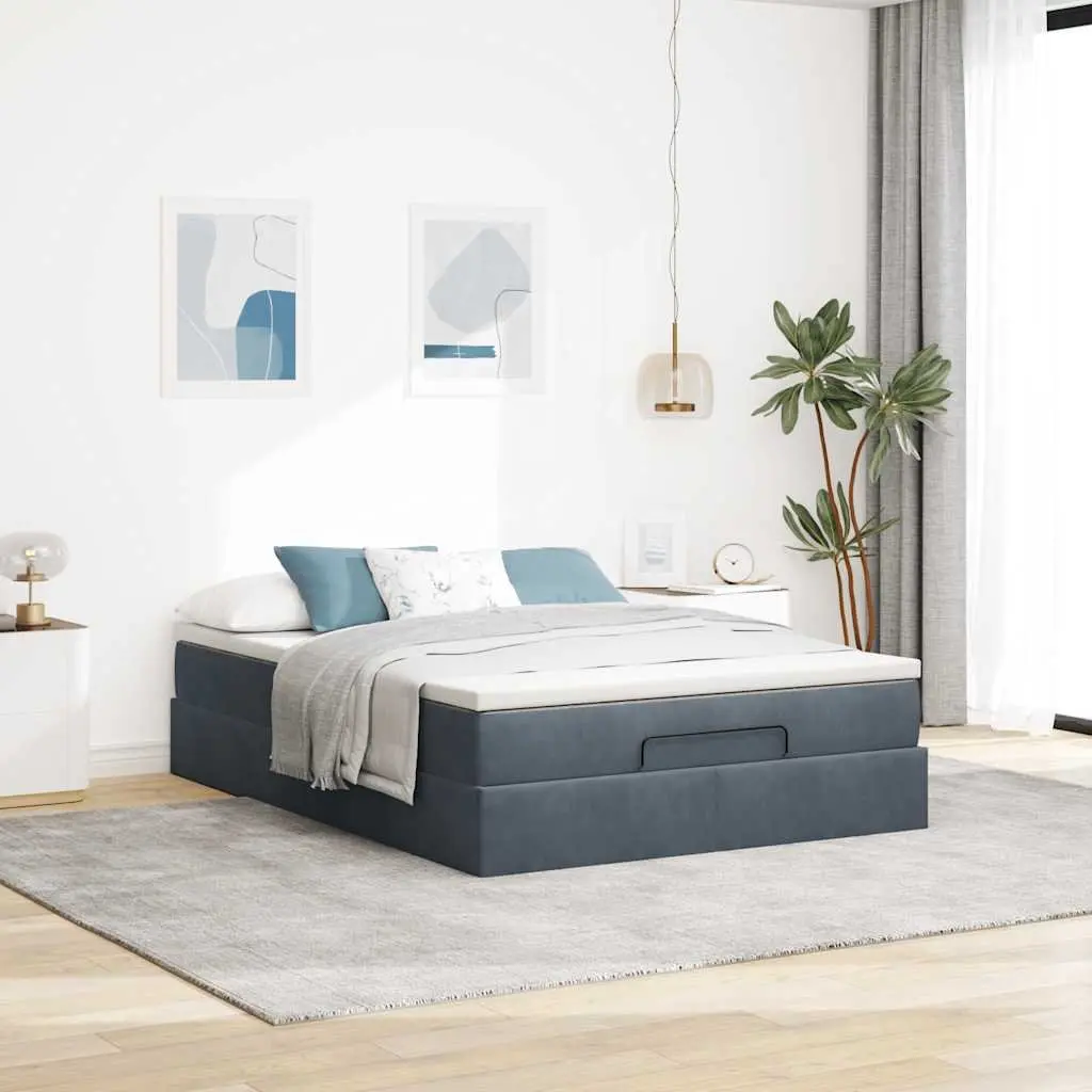 Queen Size Ottoman Bed Grey Velvet with Pocket Spring Mattress and Hydraulic Lift Storage