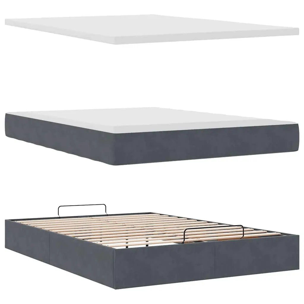 Queen Size Ottoman Bed Grey Velvet with Pocket Spring Mattress and Hydraulic Lift Storage