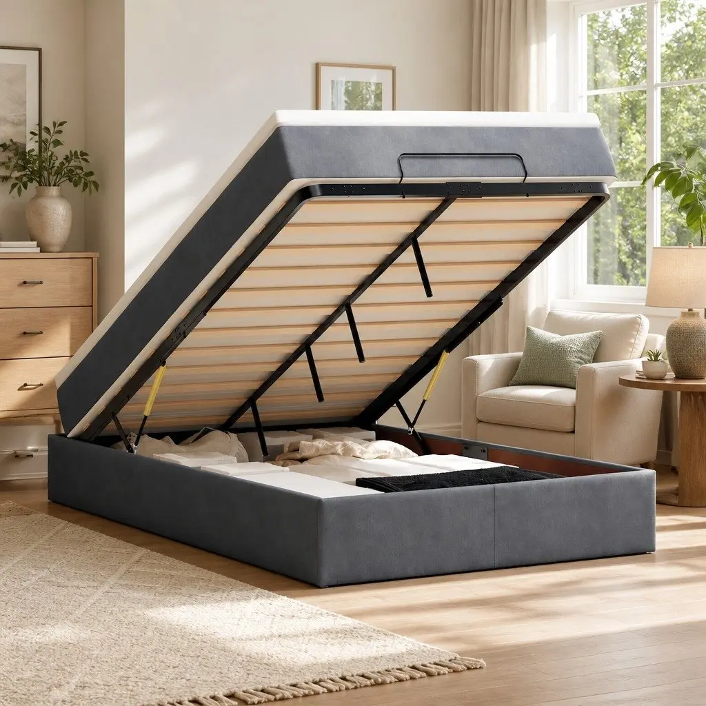 Ottoman Bed Grey Velvet Super Single Pocket Spring Mattress Storage Lift