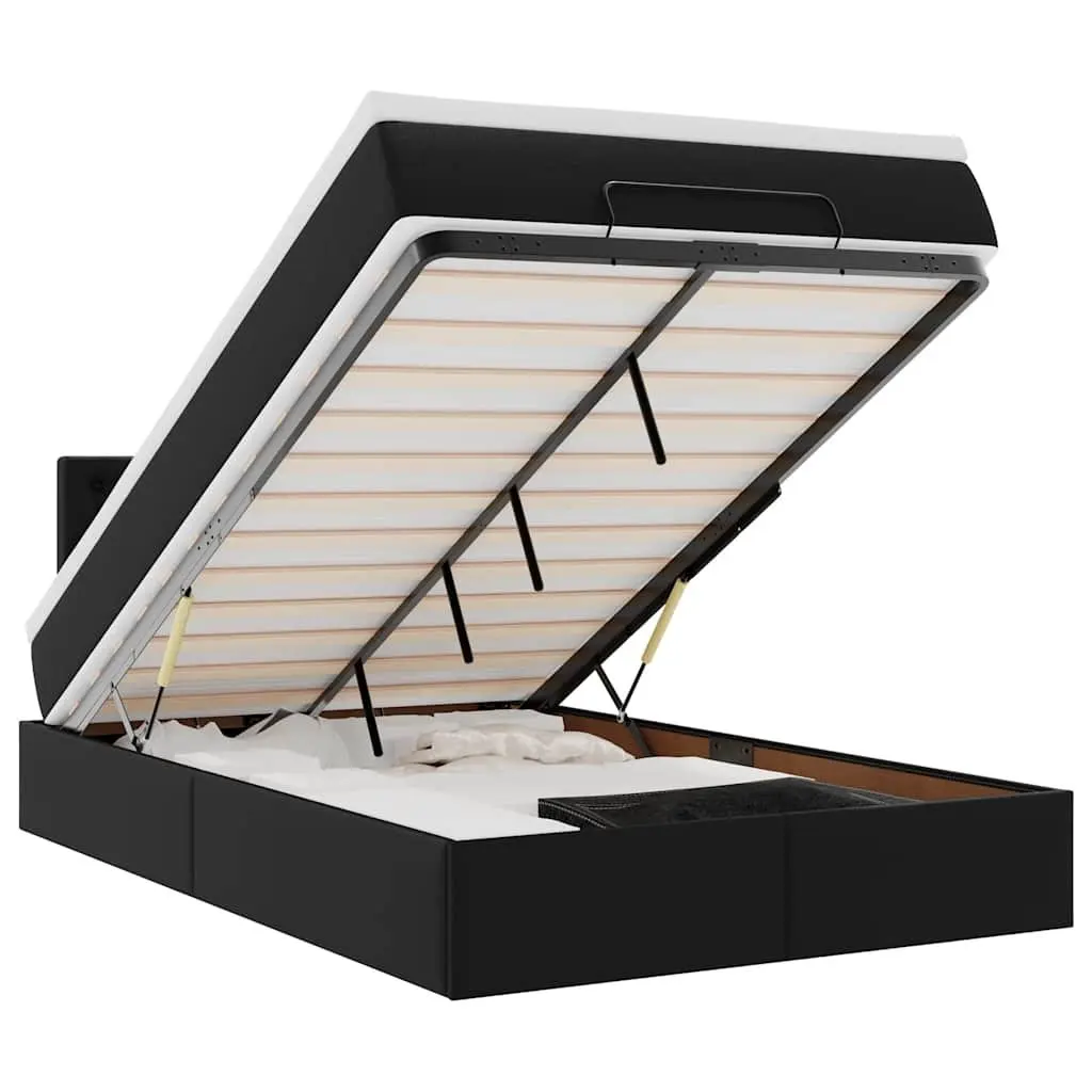 Ottoman Bed King Single Black Faux Leather with Mattress Storage Lift Frame