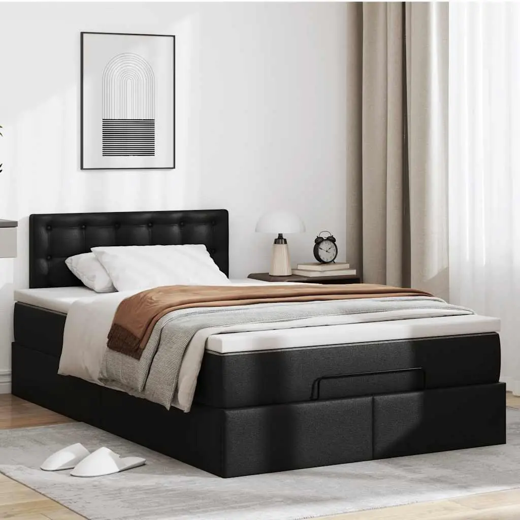 Ottoman Bed King Single Black Faux Leather with Mattress Storage Lift Frame