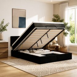 Elegant Black Fabric Ottoman Bed with Mattress Storage