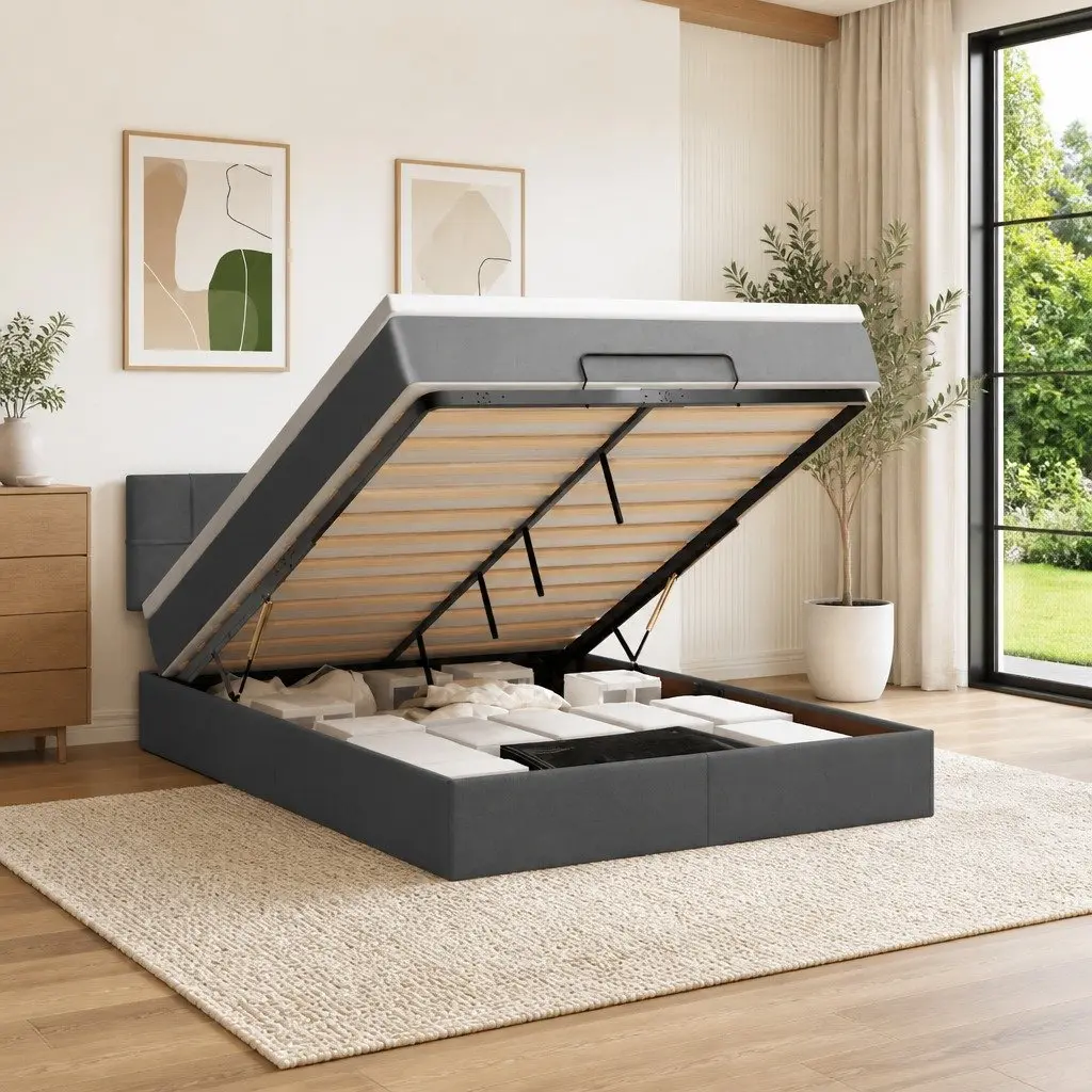 Ottoman Bed Grey Fabric Queen Size with Pocket Spring Mattress and Hydraulic Lift Storage