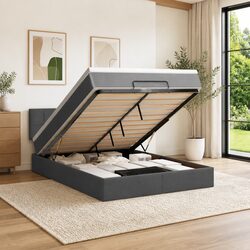 Queen Size Ottoman Bed with Grey Fabric and Pocket Spring