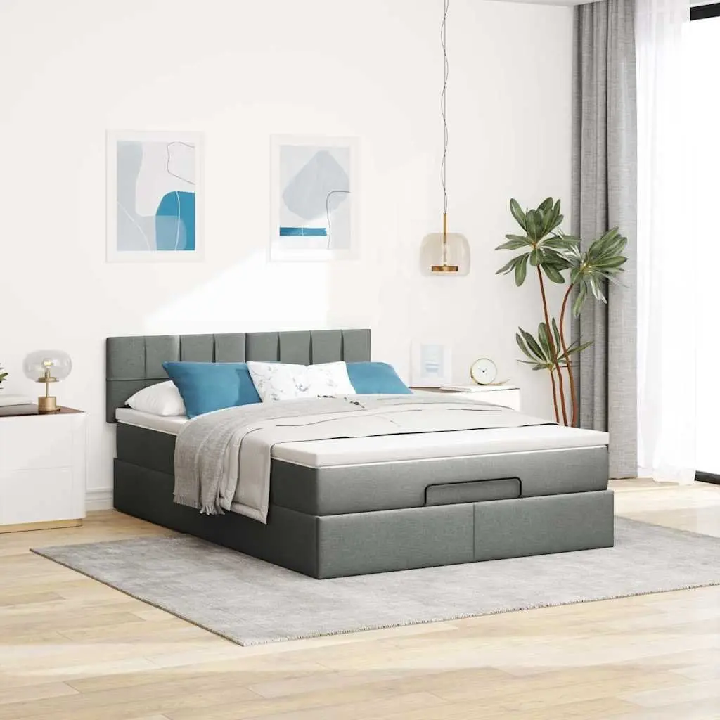 Ottoman Bed Grey Fabric Queen Size with Pocket Spring Mattress and Hydraulic Lift Storage