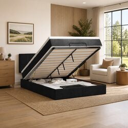 Queen Size Black Fabric Ottoman Bed with Storage Lift