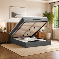 Grey Fabric Ottoman Bed with Mattress and Storage Lift