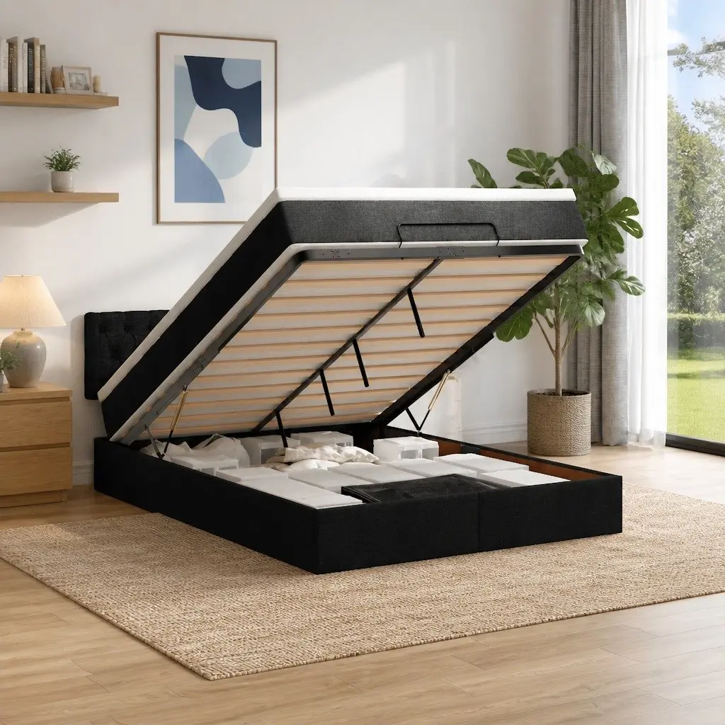 Ottoman Bed Double Black Fabric Pocket Spring Mattress Storage Lift Base Frame