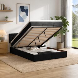 Double Black Fabric Ottoman Bed with Mattress Storage