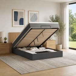 Queen Size Grey Fabric Ottoman Bed with Mattress