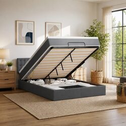 Comfortable Grey Fabric Double Ottoman Bed with Storage
