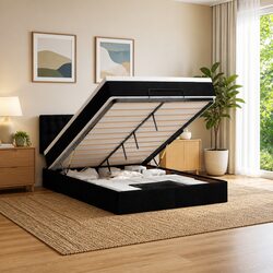Double Ottoman Bed with Pocket Spring Mattress in Black