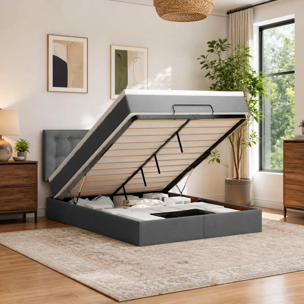 Ottoman Bed Grey Fabric Queen Pocket Spring Mattress Storage Lift Base