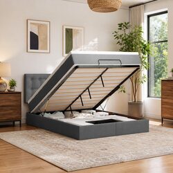 Queen Ottoman Bed with Pocket Spring Mattress in Grey
